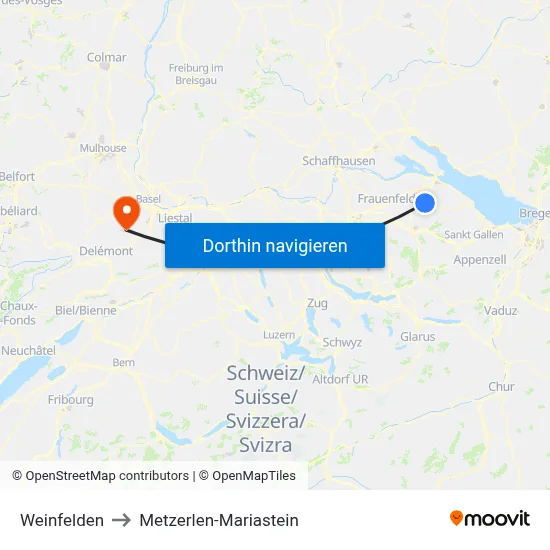 Weinfelden to Metzerlen-Mariastein map