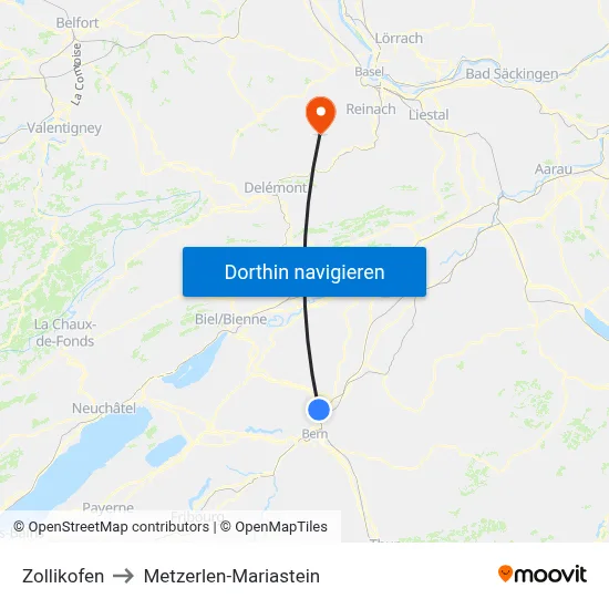 Zollikofen to Metzerlen-Mariastein map