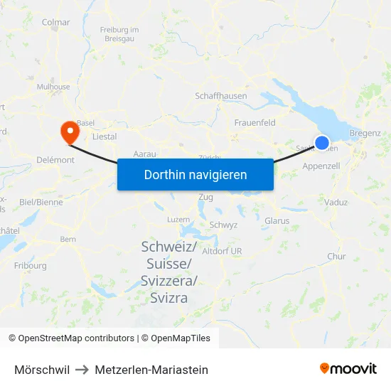 Mörschwil to Metzerlen-Mariastein map