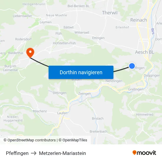 Pfeffingen to Metzerlen-Mariastein map