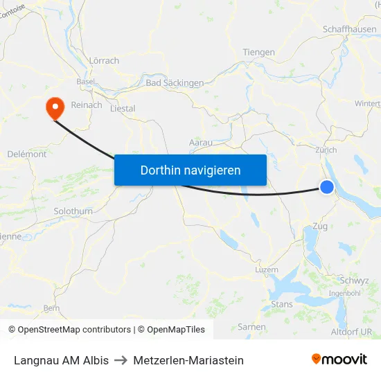 Langnau AM Albis to Metzerlen-Mariastein map