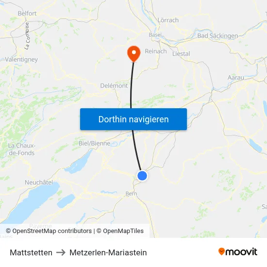 Mattstetten to Metzerlen-Mariastein map