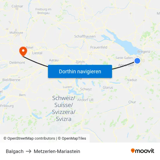 Balgach to Metzerlen-Mariastein map