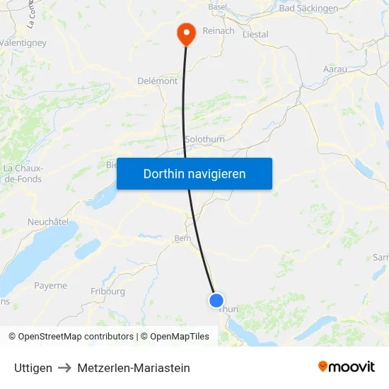 Uttigen to Metzerlen-Mariastein map