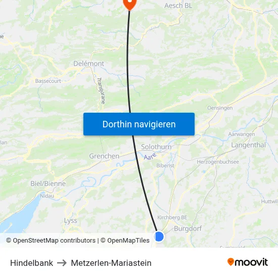 Hindelbank to Metzerlen-Mariastein map