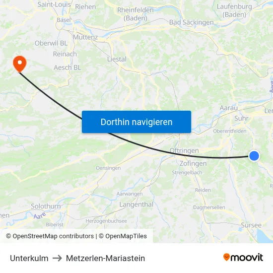 Unterkulm to Metzerlen-Mariastein map