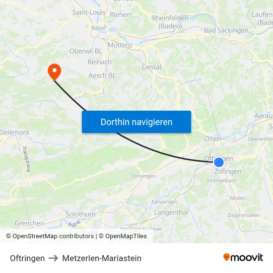 Oftringen to Metzerlen-Mariastein map