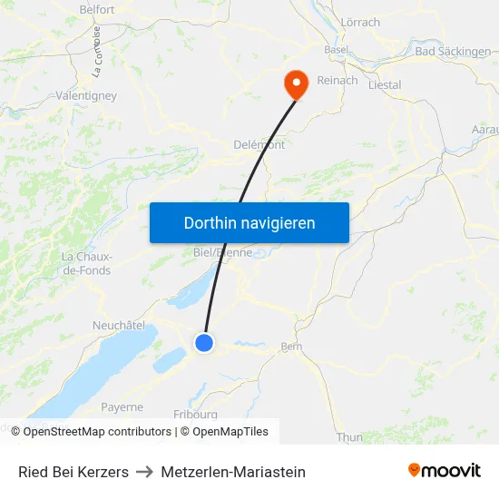 Ried Bei Kerzers to Metzerlen-Mariastein map