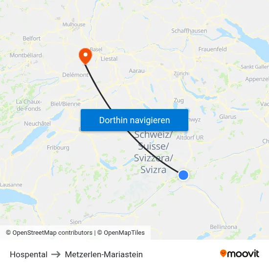 Hospental to Metzerlen-Mariastein map