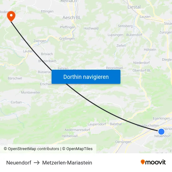 Neuendorf to Metzerlen-Mariastein map