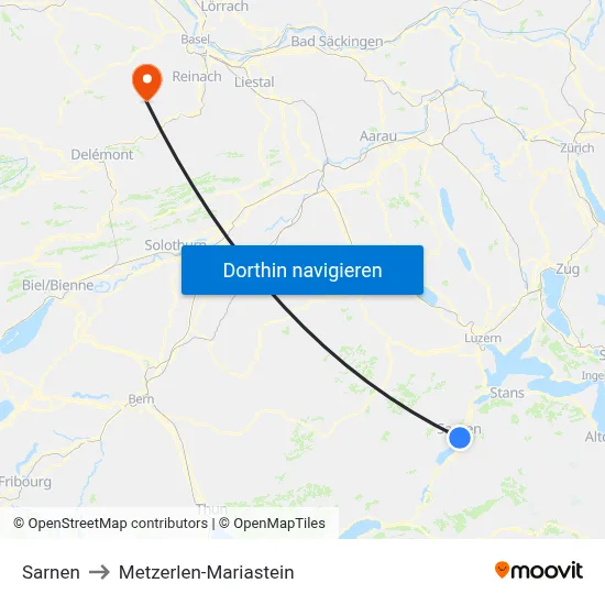 Sarnen to Metzerlen-Mariastein map