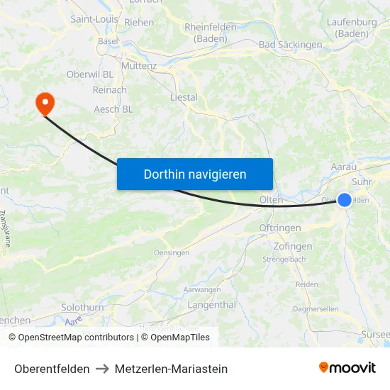 Oberentfelden to Metzerlen-Mariastein map