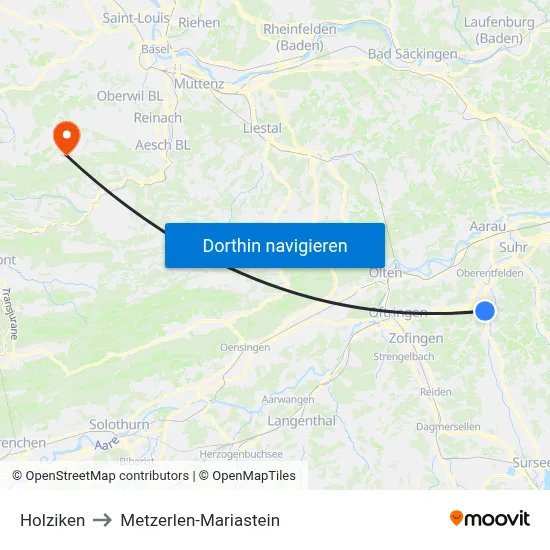 Holziken to Metzerlen-Mariastein map