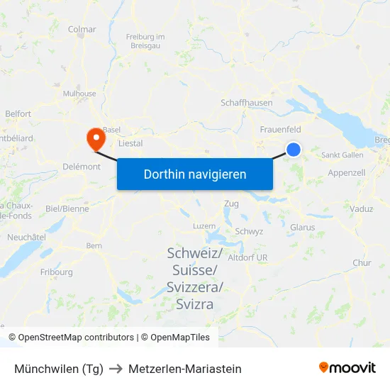 Münchwilen (Tg) to Metzerlen-Mariastein map