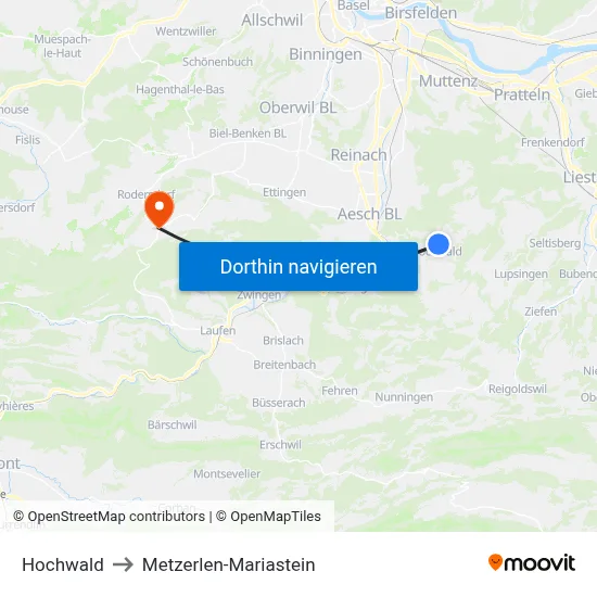 Hochwald to Metzerlen-Mariastein map