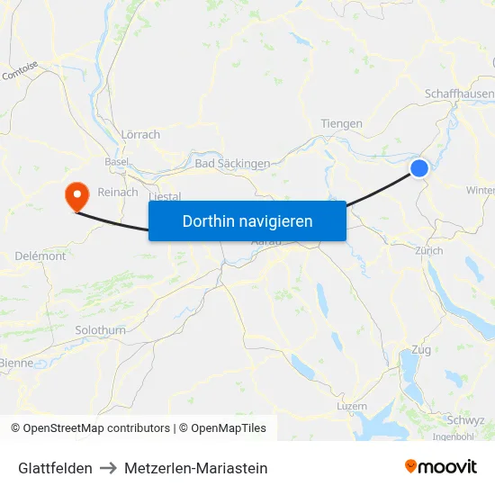 Glattfelden to Metzerlen-Mariastein map