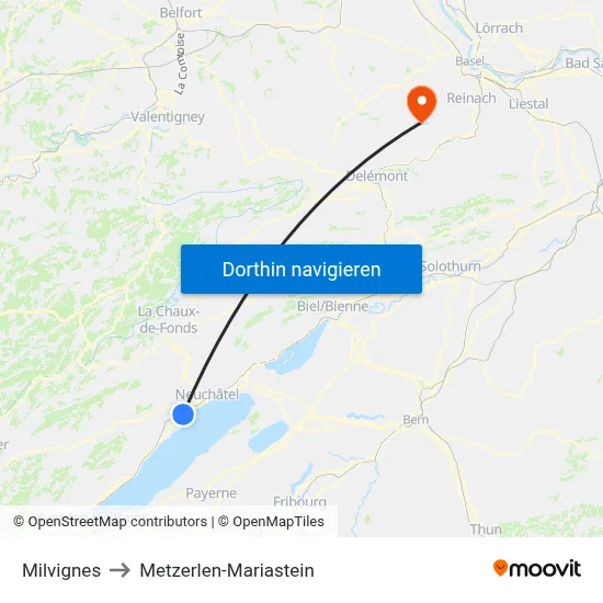 Milvignes to Metzerlen-Mariastein map