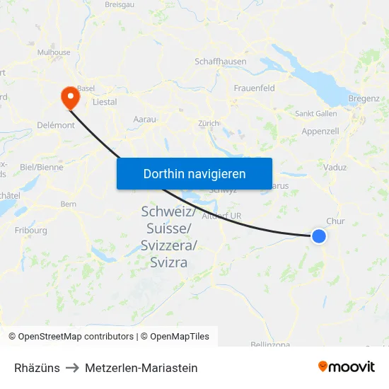 Rhäzüns to Metzerlen-Mariastein map