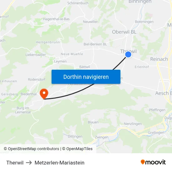 Therwil to Metzerlen-Mariastein map