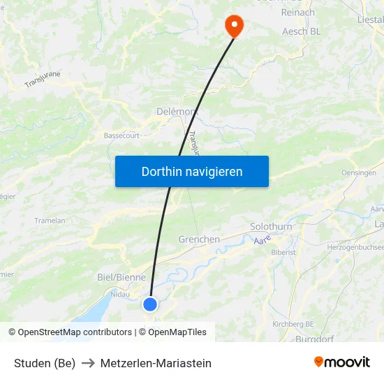 Studen (Be) to Metzerlen-Mariastein map