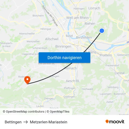 Bettingen to Metzerlen-Mariastein map