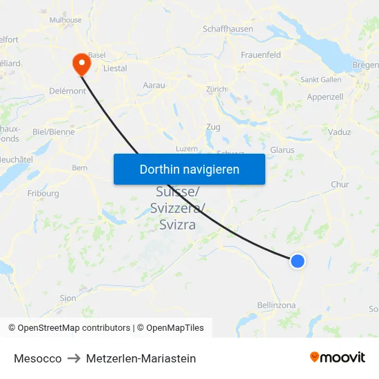 Mesocco to Metzerlen-Mariastein map