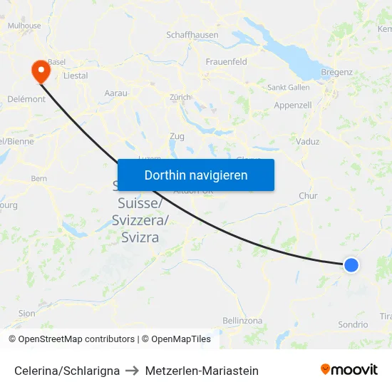 Celerina/Schlarigna to Metzerlen-Mariastein map