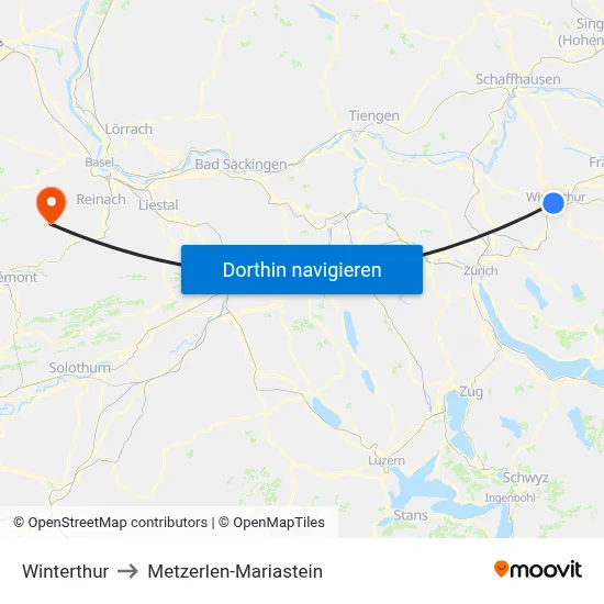 Winterthur to Metzerlen-Mariastein map