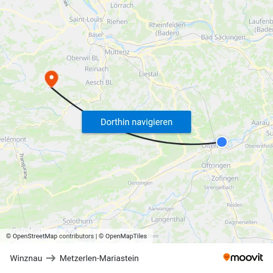 Winznau to Metzerlen-Mariastein map