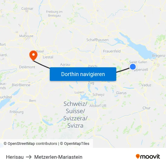 Herisau to Metzerlen-Mariastein map