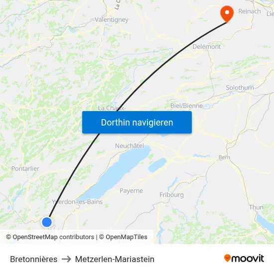 Bretonnières to Metzerlen-Mariastein map