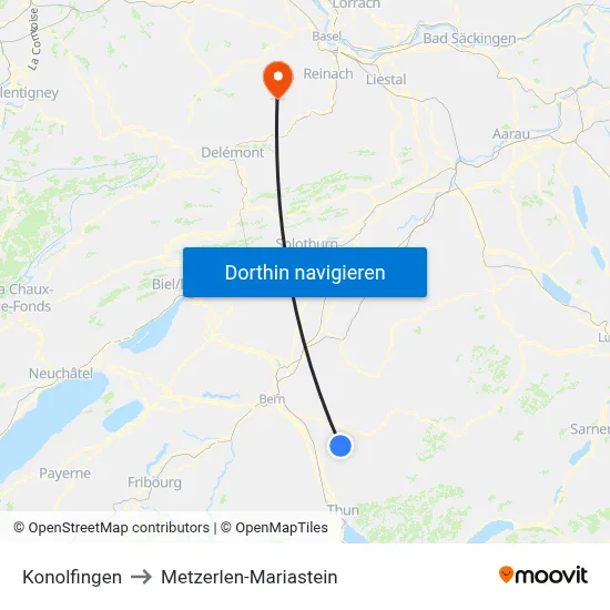 Konolfingen to Metzerlen-Mariastein map