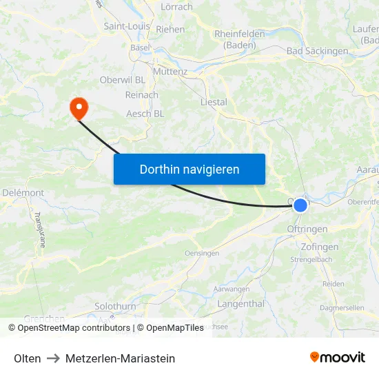 Olten to Metzerlen-Mariastein map