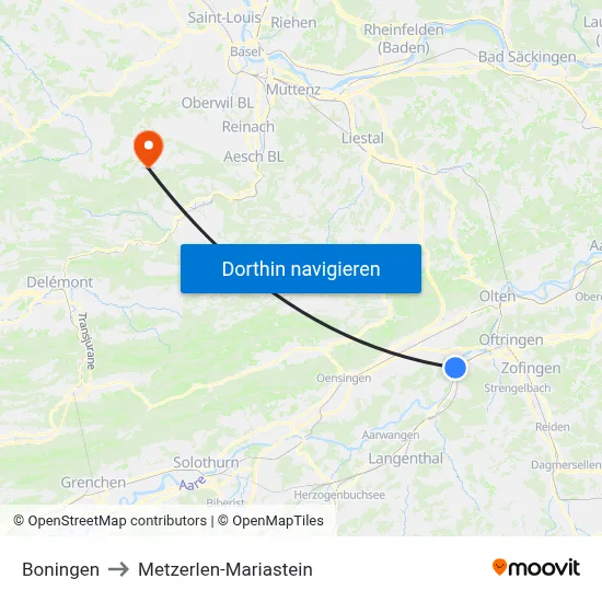 Boningen to Metzerlen-Mariastein map