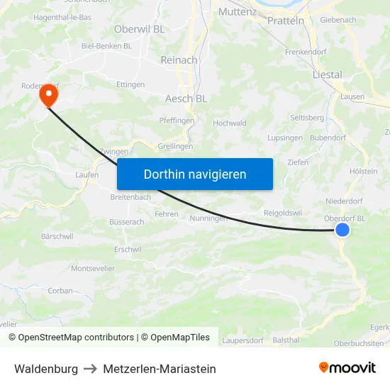 Waldenburg to Metzerlen-Mariastein map