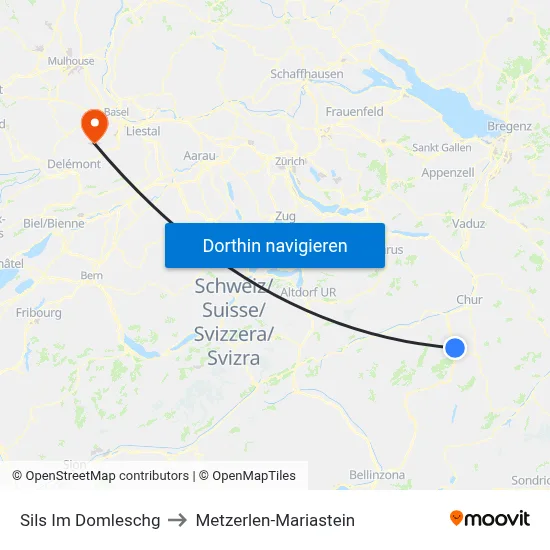 Sils Im Domleschg to Metzerlen-Mariastein map