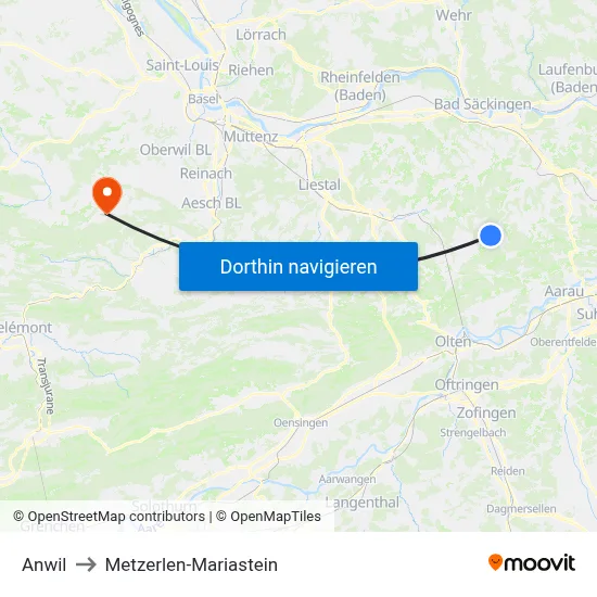 Anwil to Metzerlen-Mariastein map