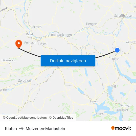 Kloten to Metzerlen-Mariastein map