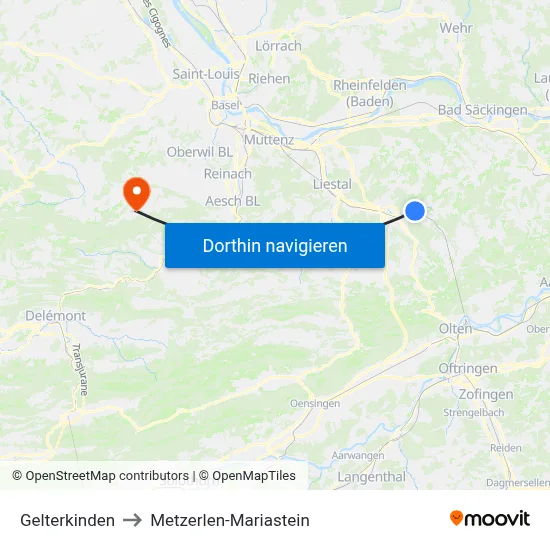 Gelterkinden to Metzerlen-Mariastein map