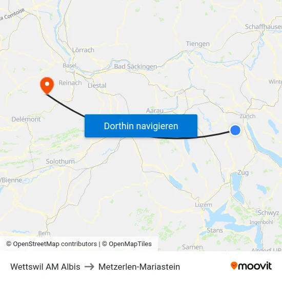 Wettswil AM Albis to Metzerlen-Mariastein map
