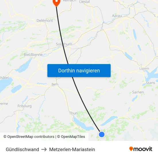 Gündlischwand to Metzerlen-Mariastein map