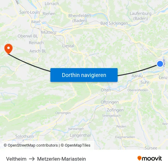 Veltheim to Metzerlen-Mariastein map