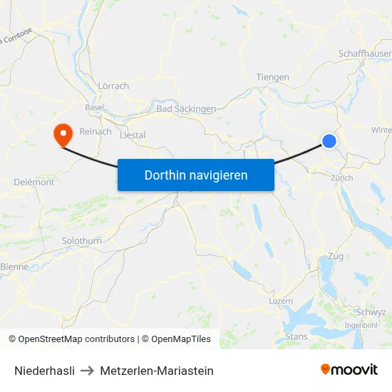 Niederhasli to Metzerlen-Mariastein map