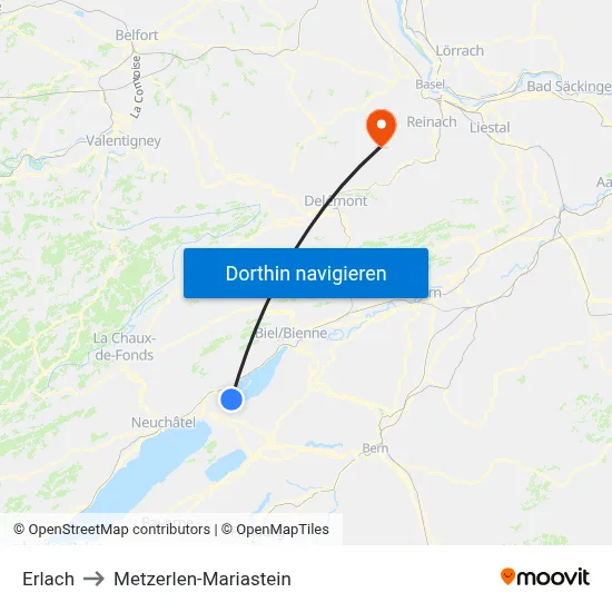 Erlach to Metzerlen-Mariastein map