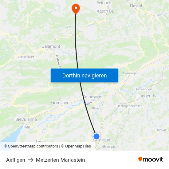 Aefligen to Metzerlen-Mariastein map