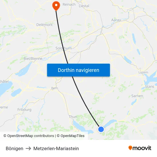 Bönigen to Metzerlen-Mariastein map