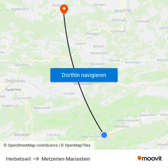 Herbetswil to Metzerlen-Mariastein map