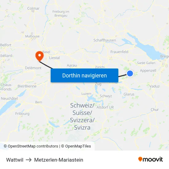 Wattwil to Metzerlen-Mariastein map
