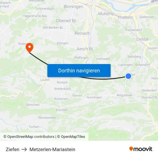 Ziefen to Metzerlen-Mariastein map