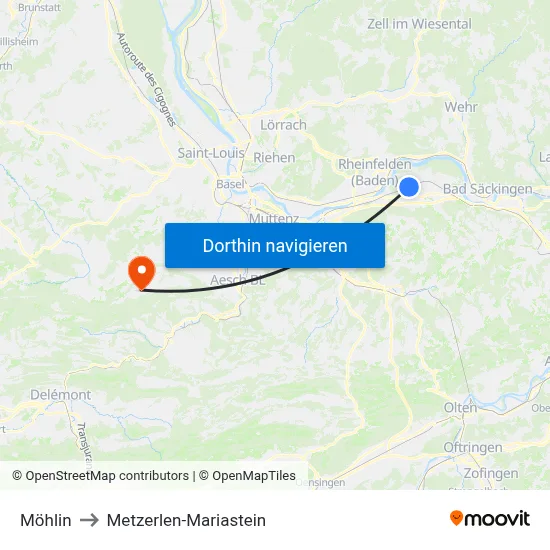 Möhlin to Metzerlen-Mariastein map